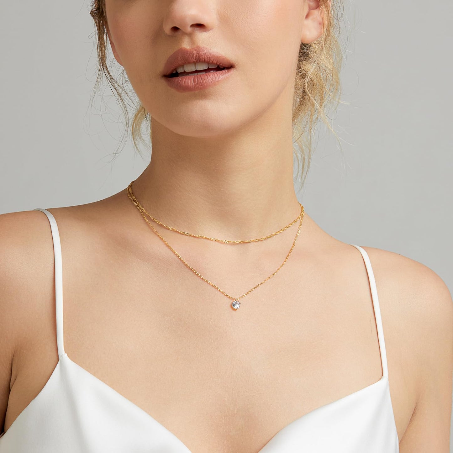 Zeffy Dainty Layered Necklaces Diamond Necklaces Simple CZ Solitaire Pendant Necklace Cute Chain Choker for Women Trendy