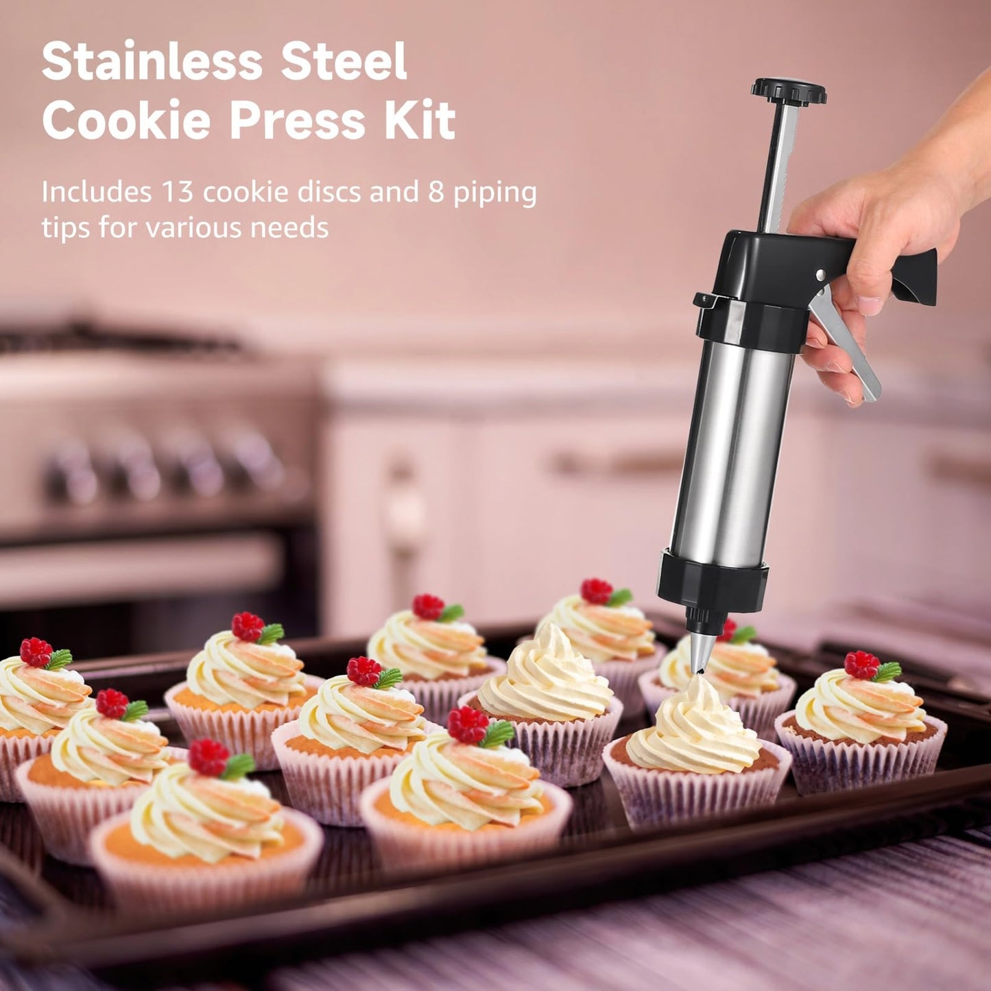 Cookie Press Gun Kit,Stainless Steel Cookie Press for Baking Maker Gun with 13 Discs,8 Piping Tips and Cleaning Brush for DIY Cakes,Dessert