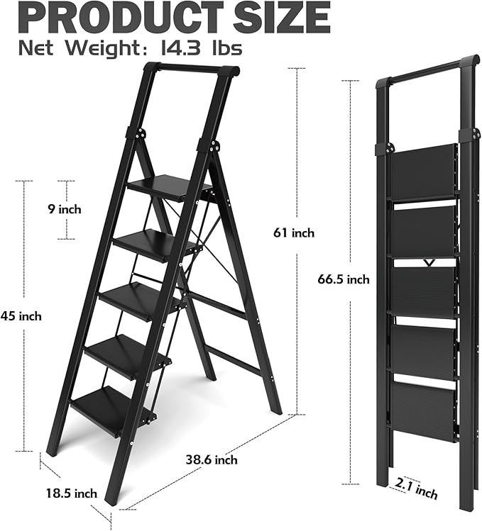 Taranta 5 Step Ladder,Liahtweight Aluminum Laddewith Handgrip, Portable Folding Stepladder with Anti-SlipPedalfor Home, Ofice, Kitchen 330lbs - Black