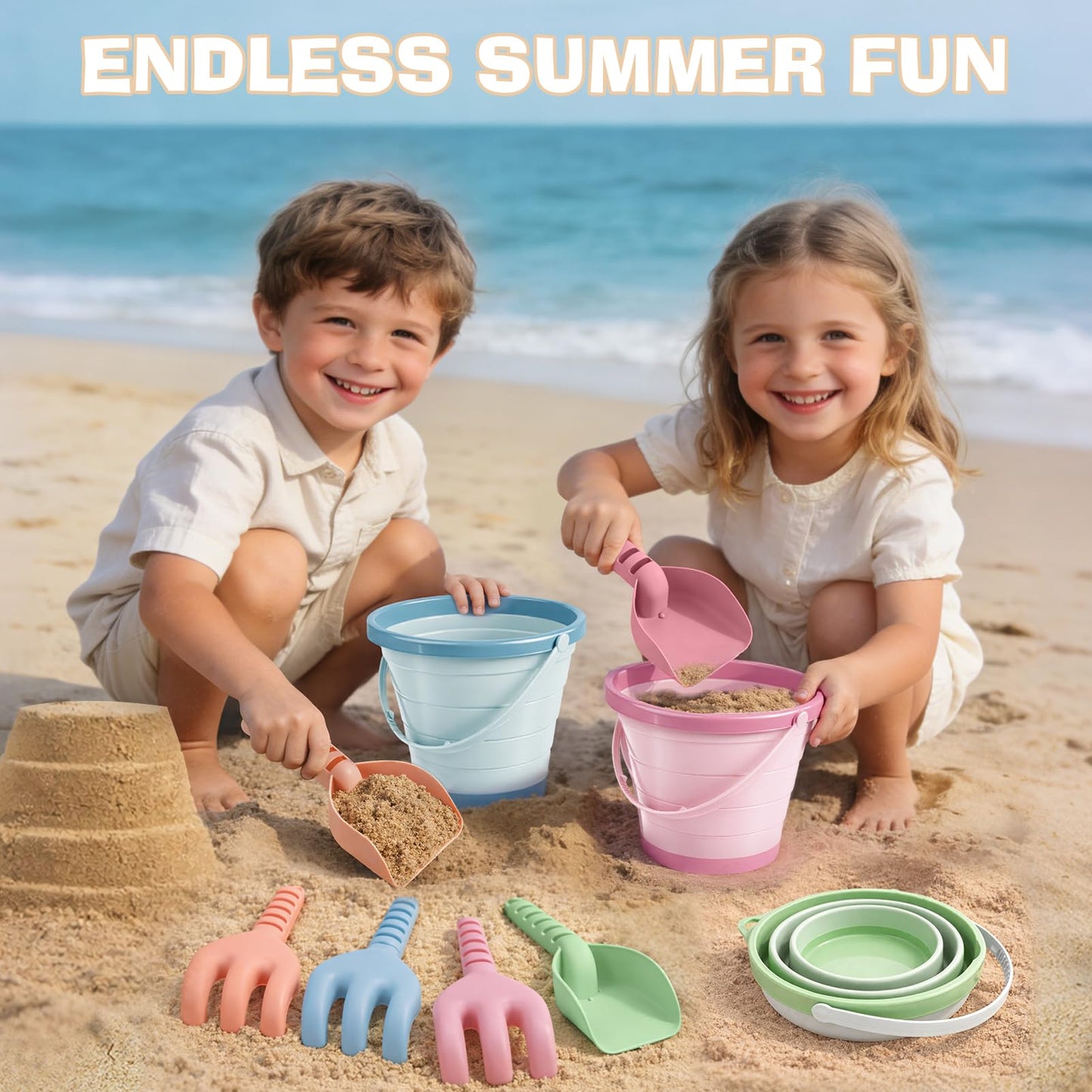 Dreamon Beach Toys, 4 Pack Collapsible Sand Buckets for Kids, Shovels & Rakes Set with Mesh Bag, Kids Beach Essentials Sandcastle Building Kit for Beach Trip Outdoor Play and Summer Fun