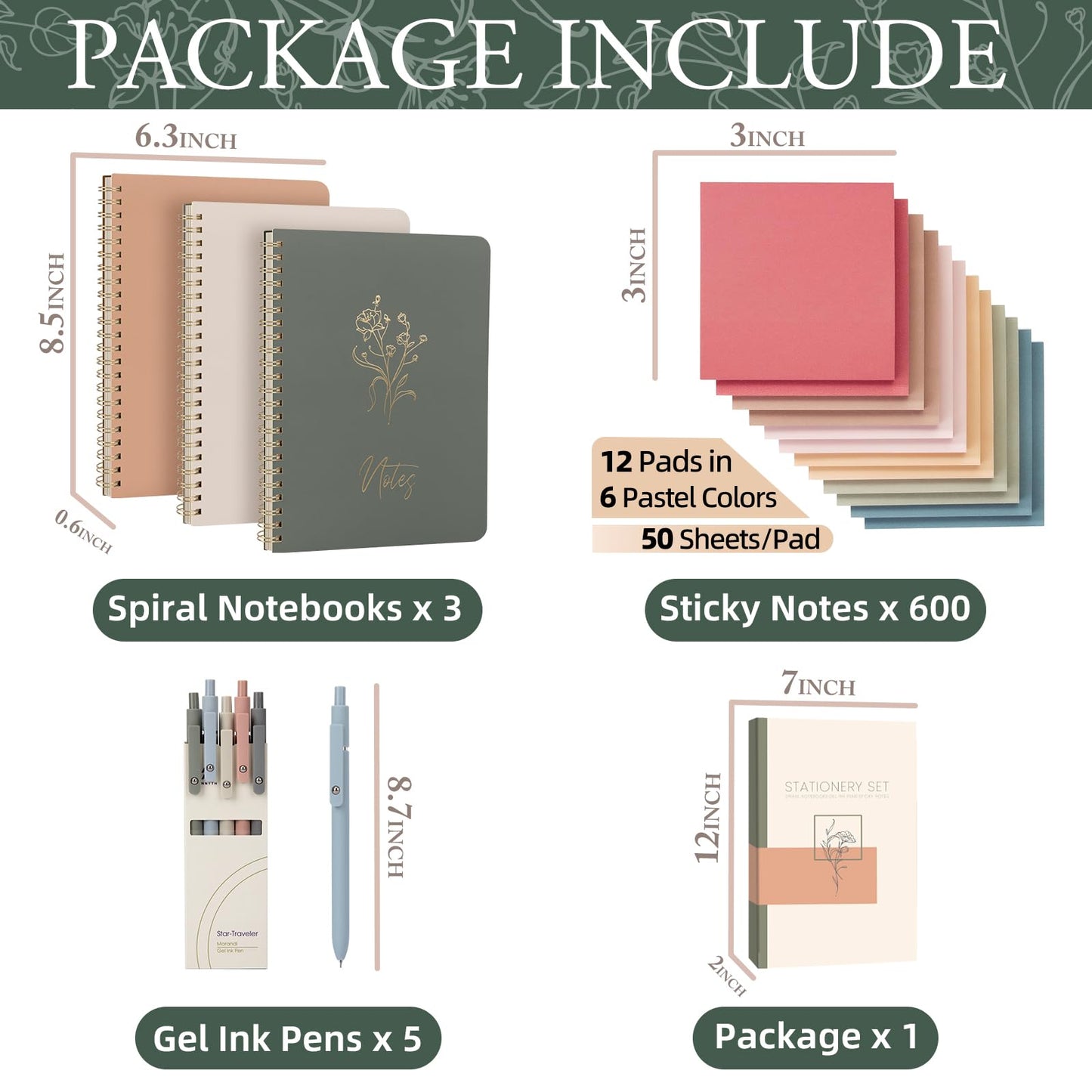 ALKALO Cute Spiral Notebook Set For Women, Bible Journal Set, 3 Pack A5 Spiral Notebook + 5 PCS Gel Pens + 600 Sticky Notes + Gift Box, Aesthetic Gift Set for Work Students School Office Supplies