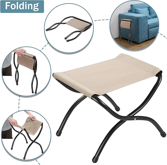 15" Foldable Foot Stool Ottoman with Metal Frame - Washable Black Upholstered Indoor/Outdoor Footrest for Living Room, Bedroom, Patio - Space-Saving Compact Design