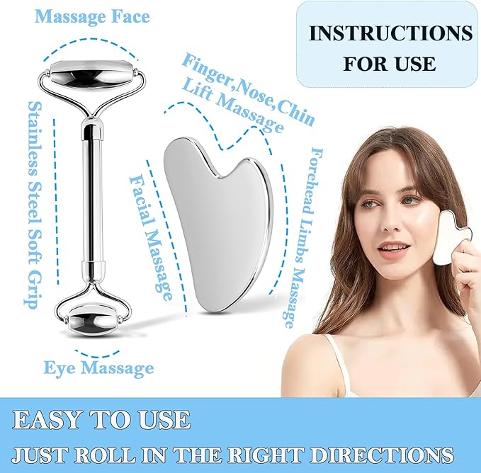 Stainless Steel Facial Roller & Gua Sha,Gua Sha Facial Tools Stainless Steel, GuaSha Tool and Face Roller Set - Metal Face Roller, Facial Tension, Sturdy