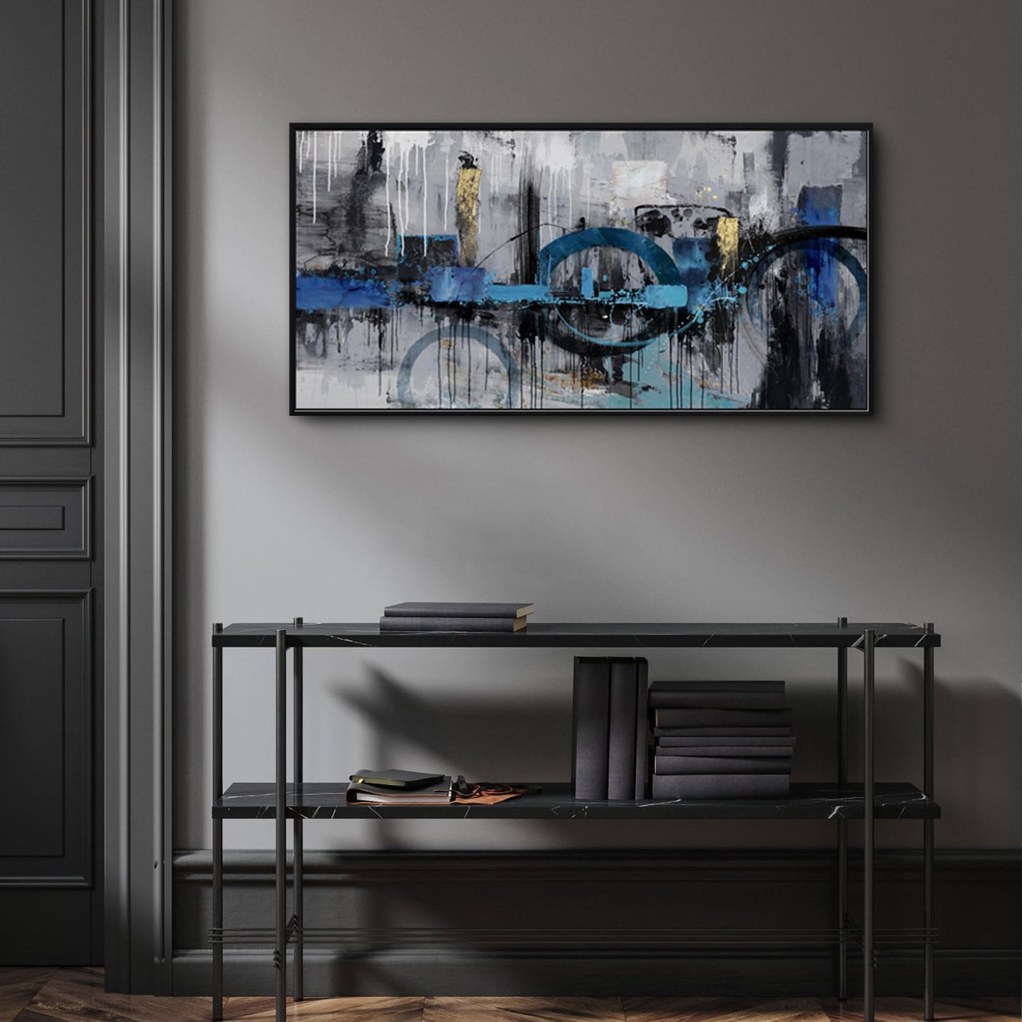 KLAKLA Abstract Wall Art - Blue and Gray Pictures Canvas Artwork for Living Room Bedroom Horizontal Black Framed Above Bed Wall Decor - 20x40