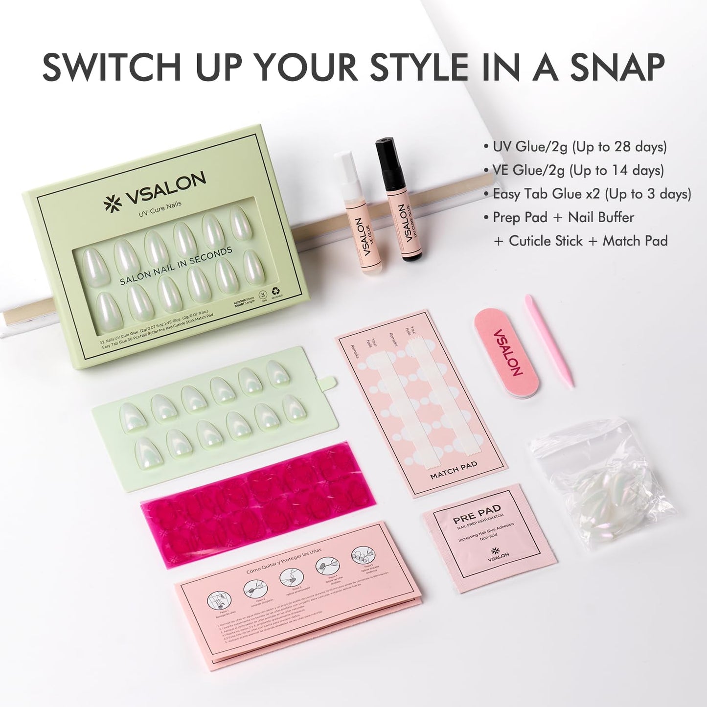 VSALON Press On Nails Short Almond, Shimmer White Opaque Fake Nails & Blue Cat Eye Mini Pack