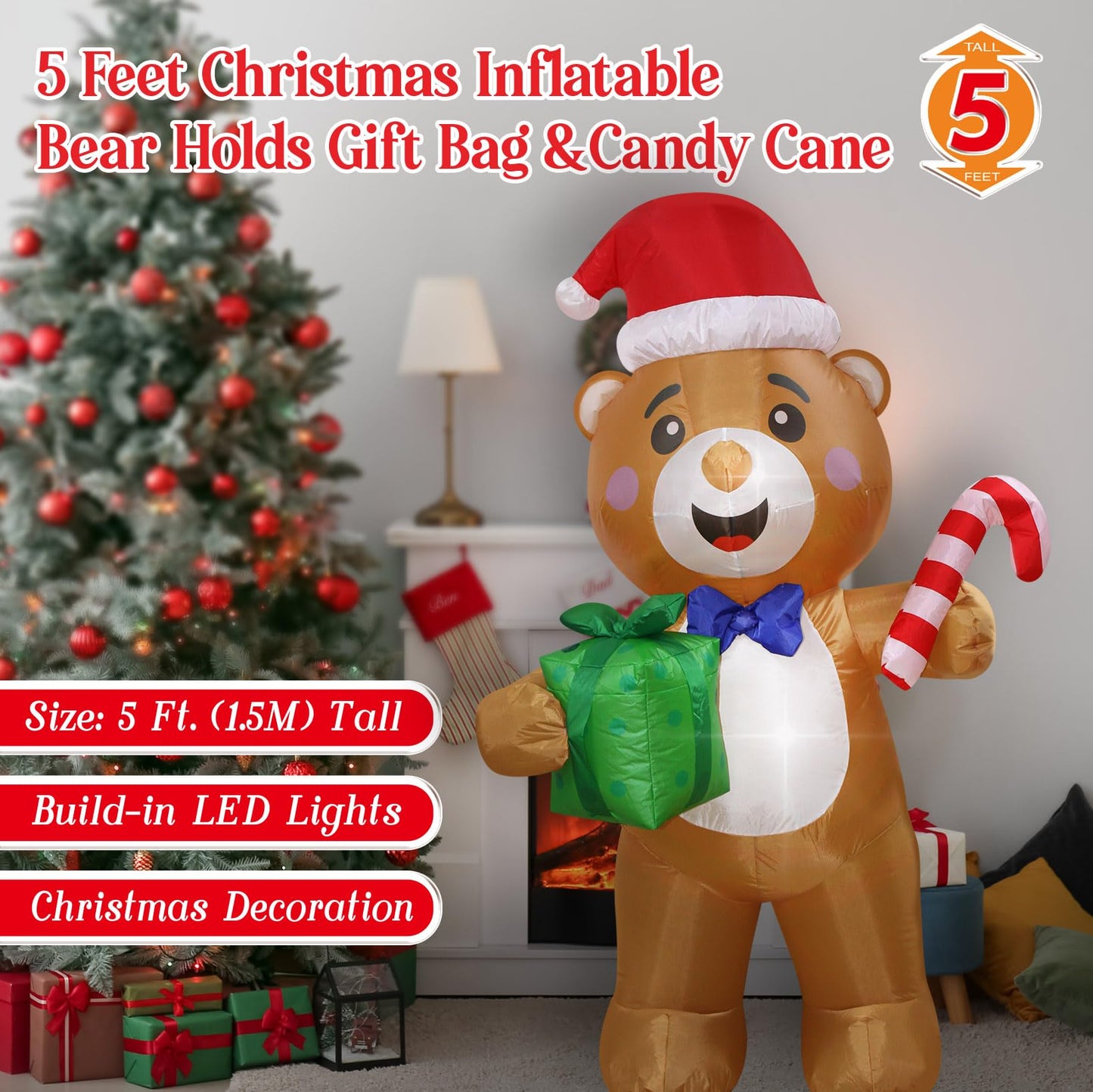 Christmas Inflatables Bear Gift Box Candy Cane Lighted Yard Lawn Inflatable Decoration with Built-in Fan and Stakes Ropes Holiday Party Decor, Christmas Decor (5FT-Bear Holds Giftbox & Candy Cane)