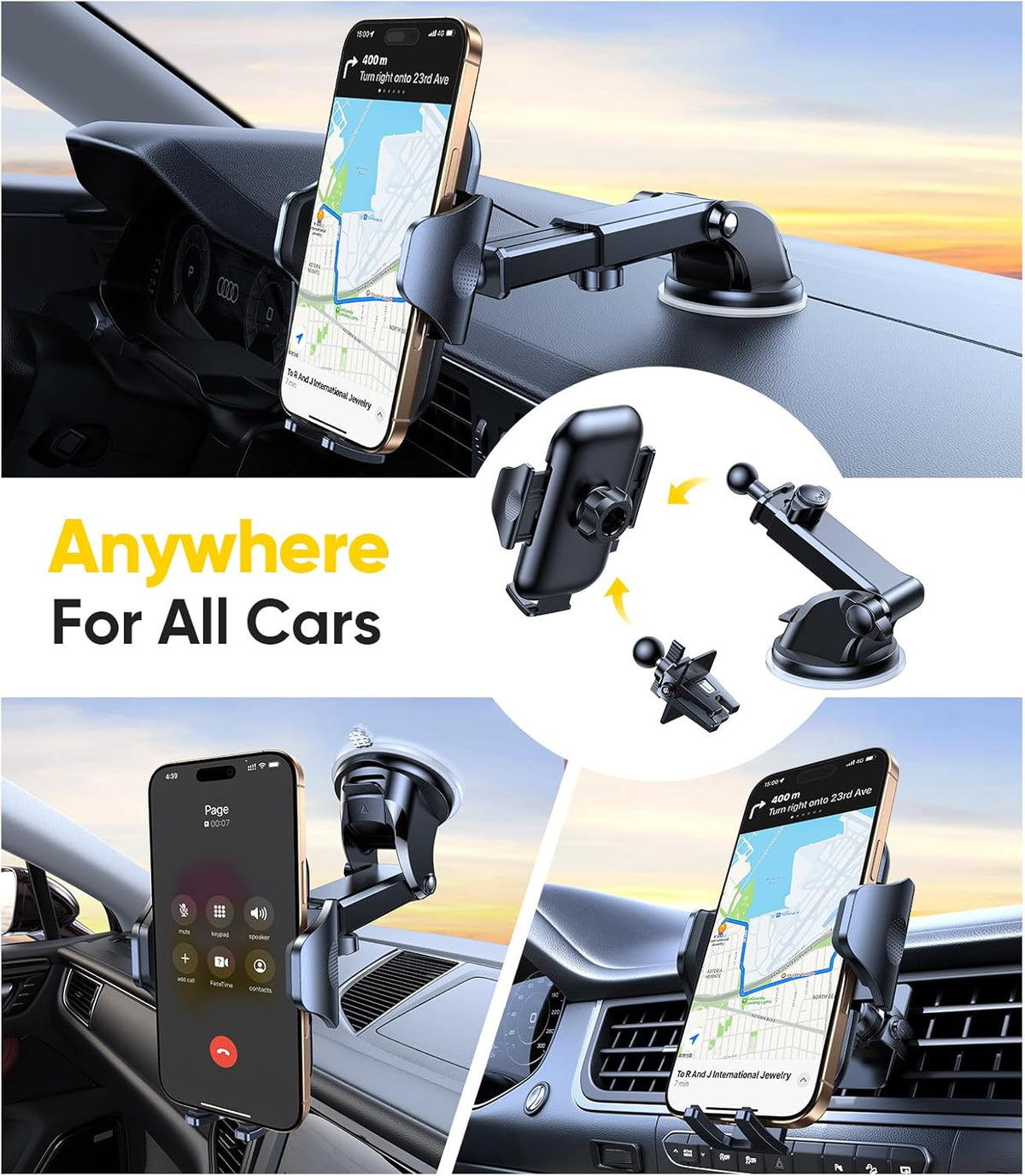 VICSEED Gold Phone Holders for Your Car, [True Military-Grade Strongest Suction Power], 3-in-1 Dashboard Windshield Vent, Truck Boat Stand Cell Phone Mount for iPhone Android All Phones