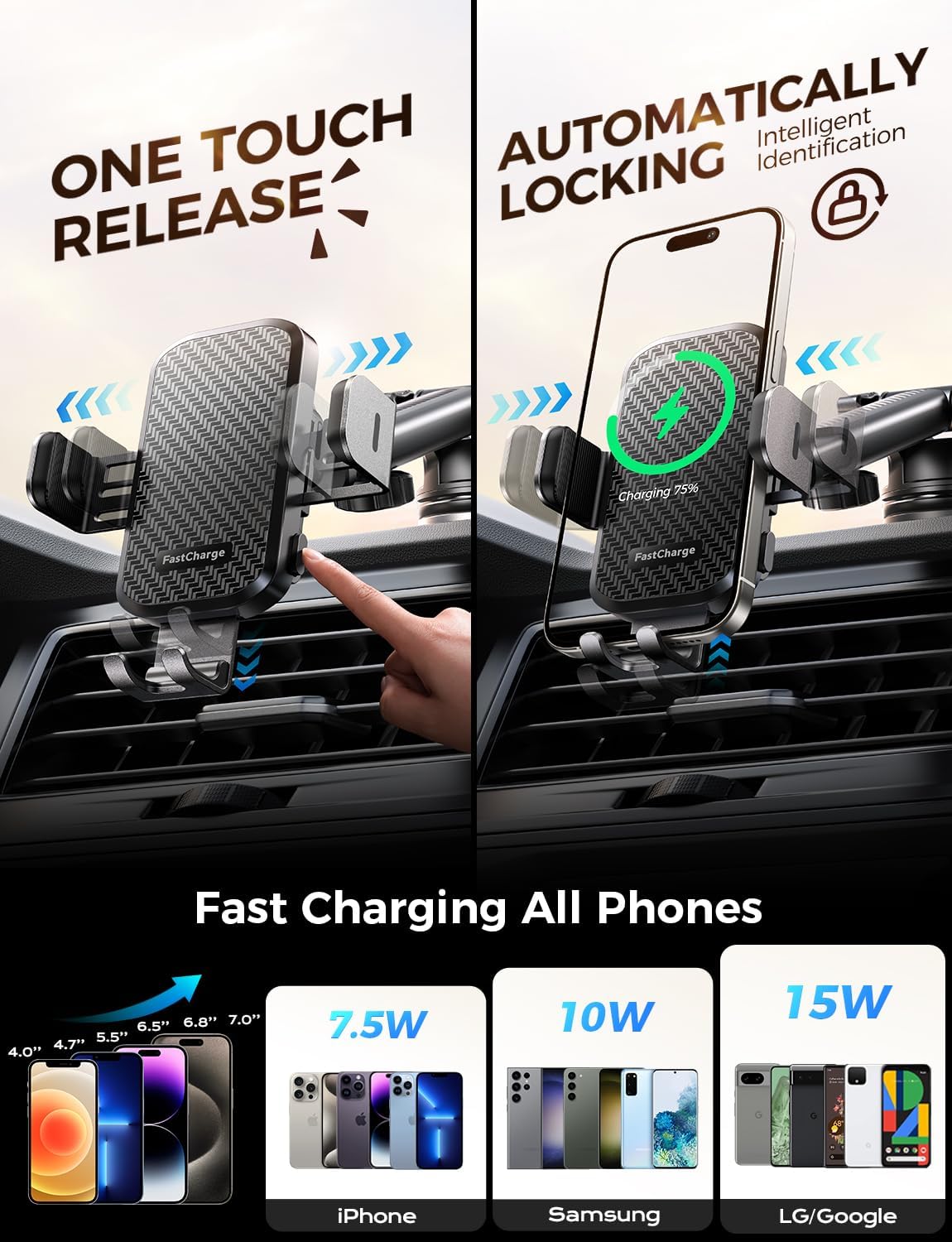 CHGeek Wireless Car Charger with Phone Holder Mount, 15W Fast Charging Auto Clamping Phone Holders for You Car Windshield Dashboard Air Vent Accessories for iPhone, Samsung Galaxy, Google, etc