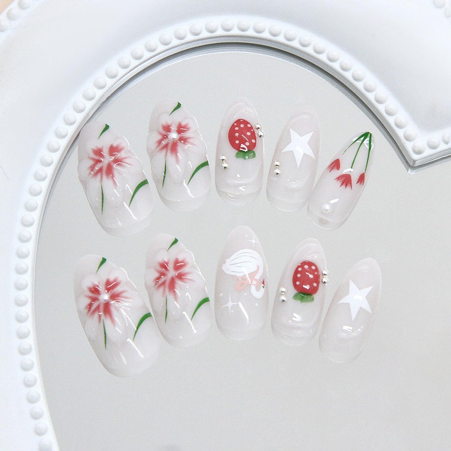 RUOKEXIN Almond Press on Nails Medium Fake Nails White False Nails with 3D Flowers Designs Spring Summer Nail Press ons Glossy Artificial Nails for Women 24Pcs