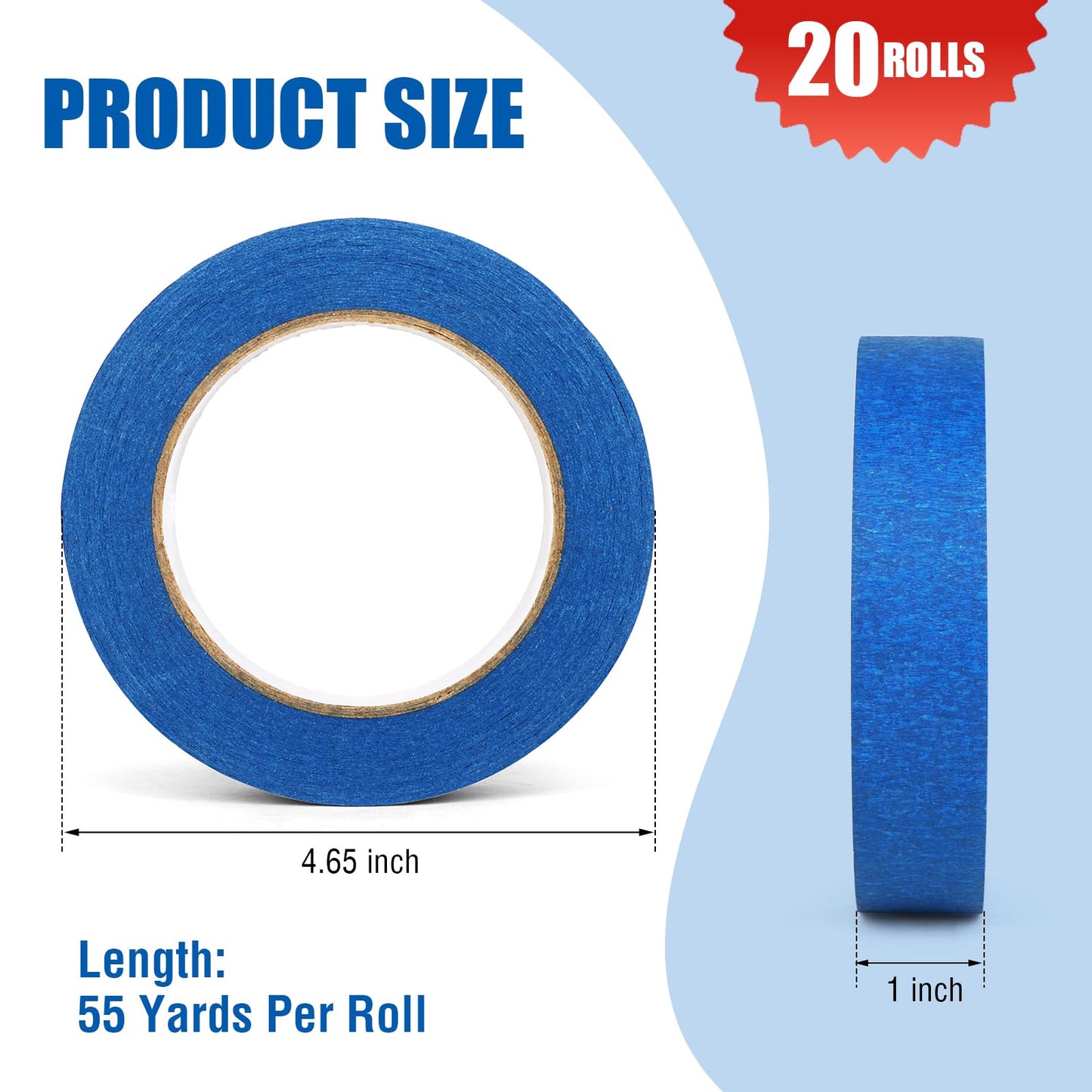 Blue Painters Tape Bulk Pack, Painter's Tape 1-inch × 55 yards, Multi-Surface Residue-Free Blue Masking Tape for Wall Painting, Artwork, Automotive and Packaging Labelling, 20 Rolls，Total 1100 Yards