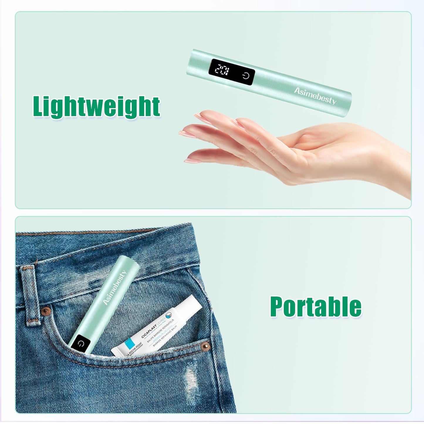 Asimebesty UV Light for Gel Nails, Mini UV Nail Lamp Hand held with Stand, Portable Small Nail Dryer Light for Gel Polish with 3 Timers, Rechargeable Cordless UV Light Nail for Fast Curing, Green
