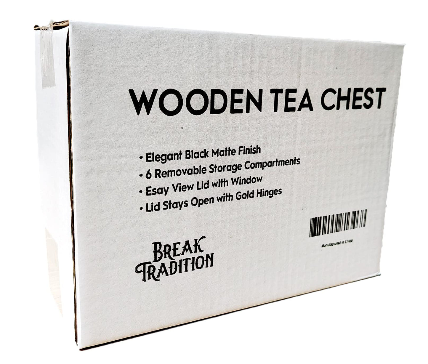 Break Tradition Wooden Tea Organizer For Tea Bags - 6 Compartments, Clear Top Window, Lid Stays Open (Black)
