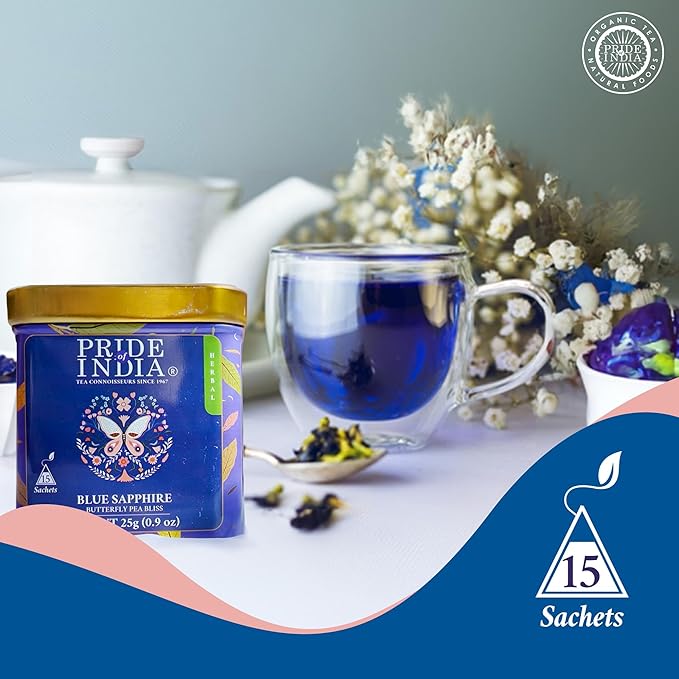 Pride of India | PACK of 2 - Blue Sapphire: Butterfly Pea Flower Tea 1 oz (28.3 gm) | 100% Pure Butterfly Pea Flower | Mild, Earthy Flavor & Subtle Floral Flavor | Premium Pyramid Nylon Tea Bags