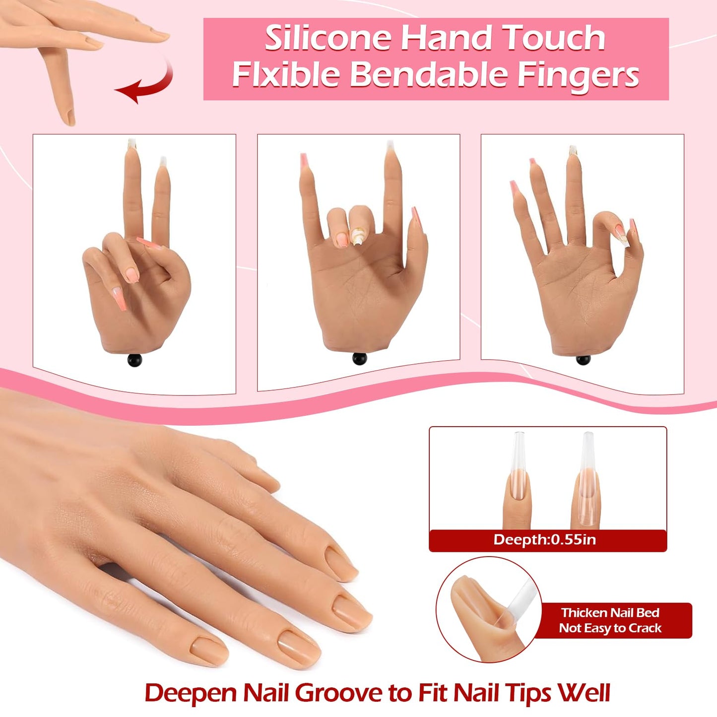LIONVISON Practice Hand for Acrylic Nails, Realistic Silicone Nail Hand Practice, Flexible Fake Nail Mannequin Training Hand for Nail Practice, Acrylic Nail Art Practice Tool (with Visible Joints)