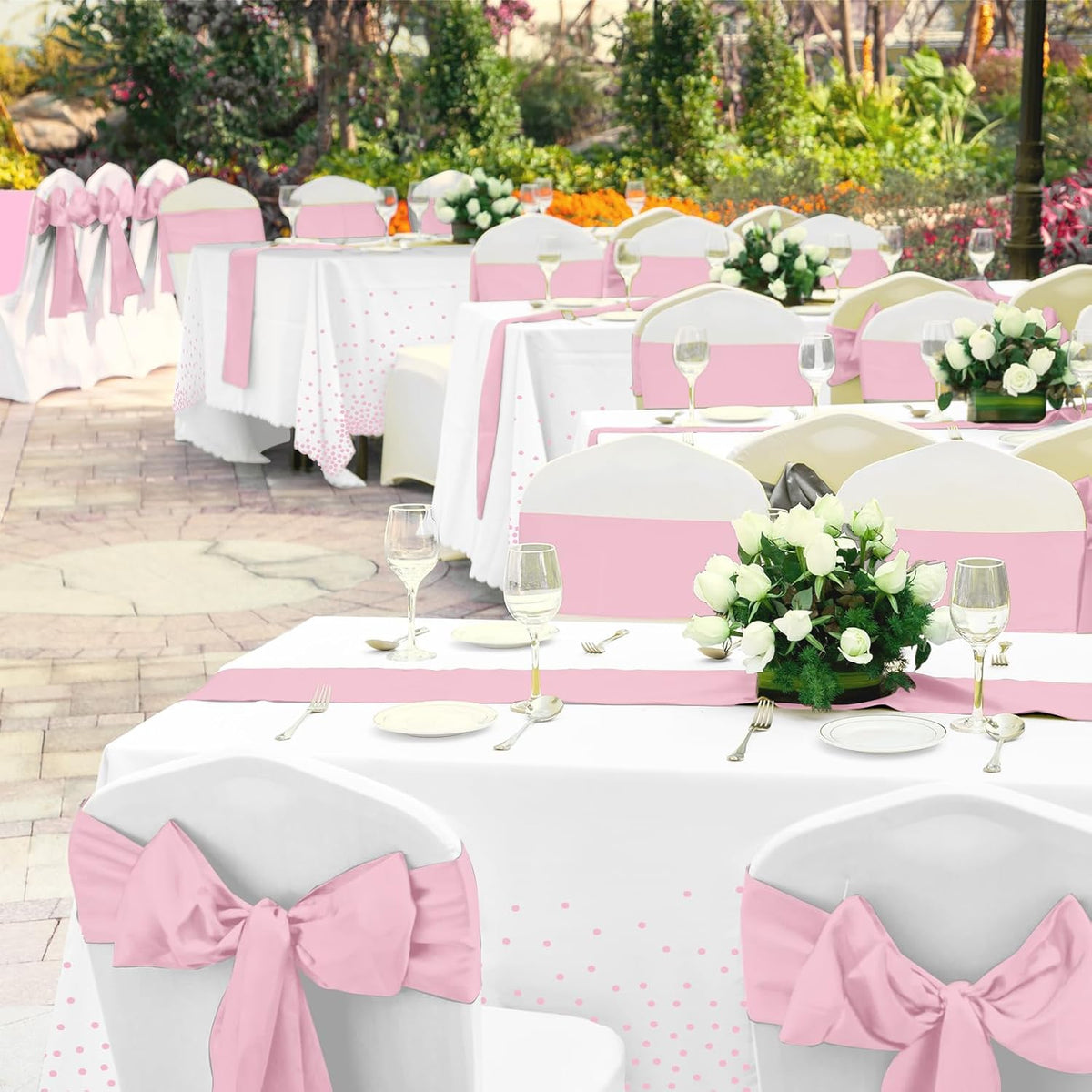 8Pack Disposable Plastic Tablecloths and Satin Table Runner Set White Pink Dot Table Cloth Gold Satin Table Runner for Graduation Wedding Birthday Baby Shower Anniversary Holiday Party Decorations