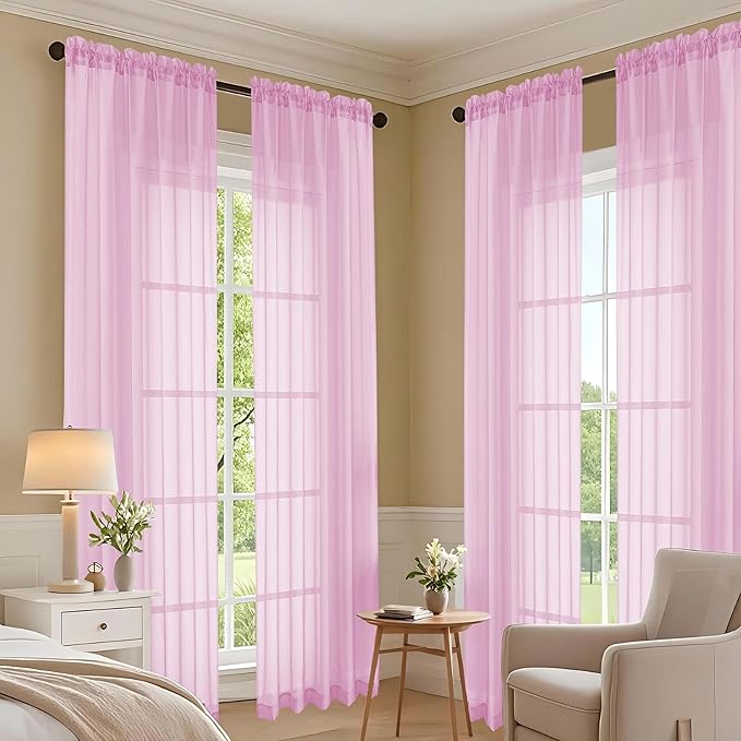 OVZME Light Pink Bedroom Curtains 96 Length for Farmhouse, 59 Inch Extra Wide Light Filtering Voile Drapes Light Airy Window Decor for Patio Door Living Room Bedroom Dining, 59Wx96L Inches