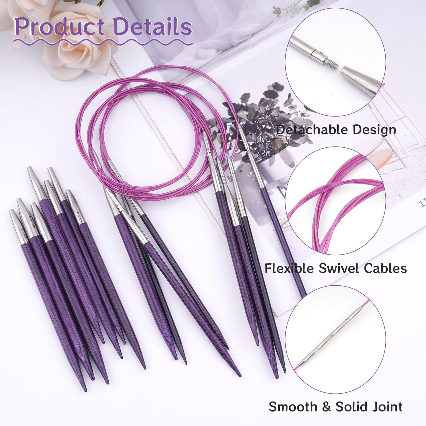 BsHooker Interchangeable Circular Knitting Needles Set with Case,3.5mm-6.5mm Birch Wood Knitting Needles Set with Cables,Complete Accessories