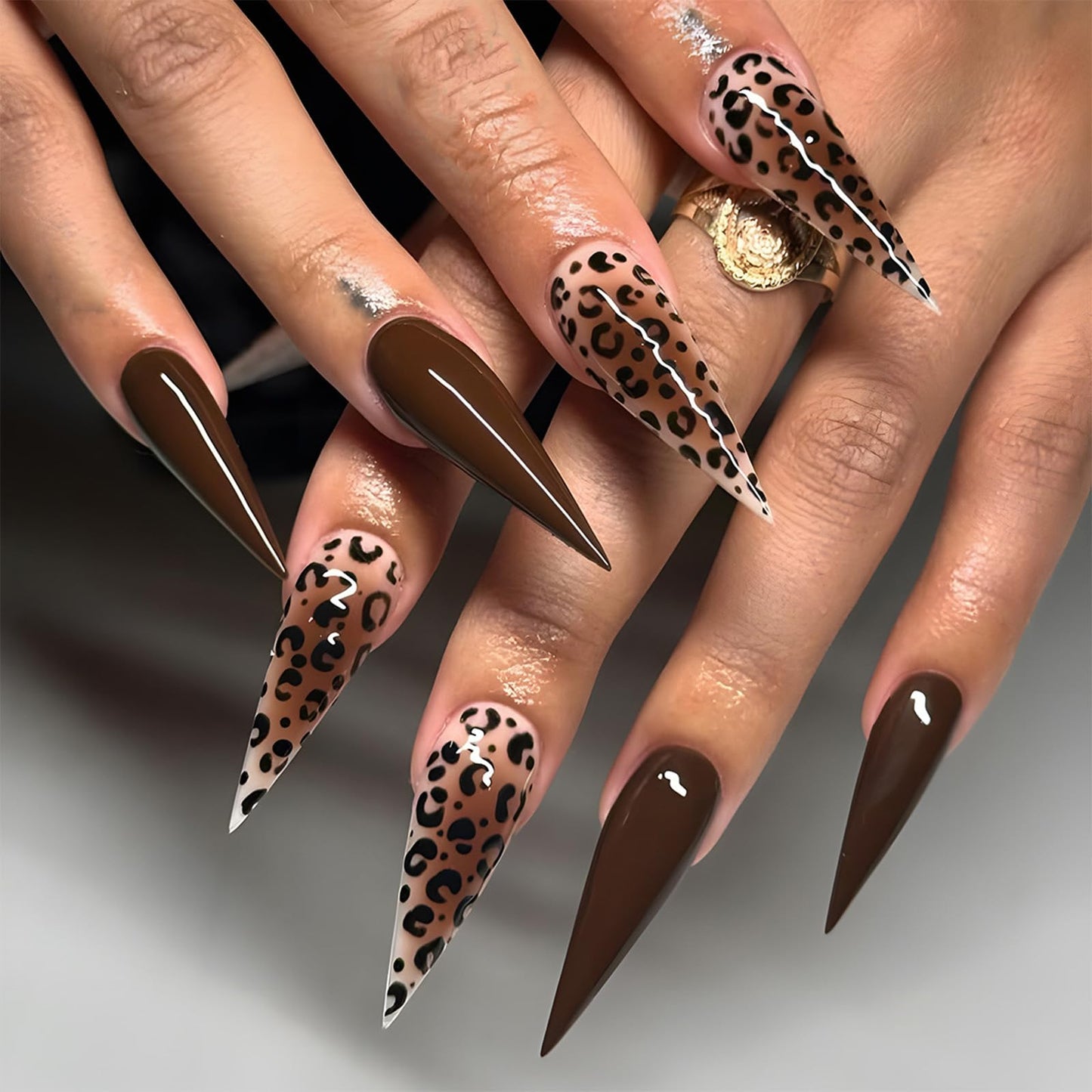 SINHOT Stiletto Press on Nails - Long Fake Nails, Glossy Finish, Brown Ombre & Leoprad Pattern, DIY Artificial False Nail Art - 24 Pcs Nail Kit with Glue