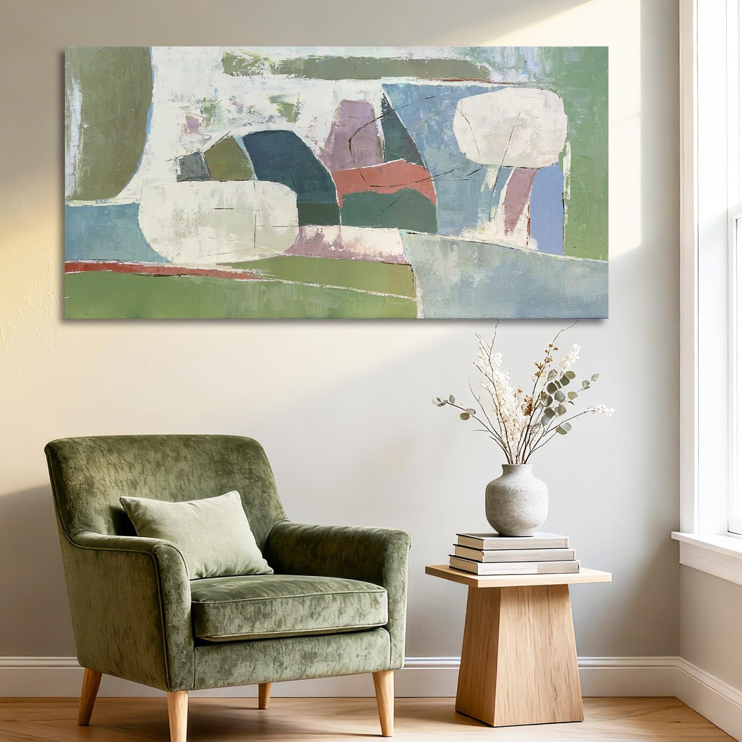 YETHEN WAL Sage Green Abstract Wall Art – 20×40 Minimalist Canvas Print, Soft Olive & Mist Blue Artwork for Living Room, Bedroom or Entryway Decor