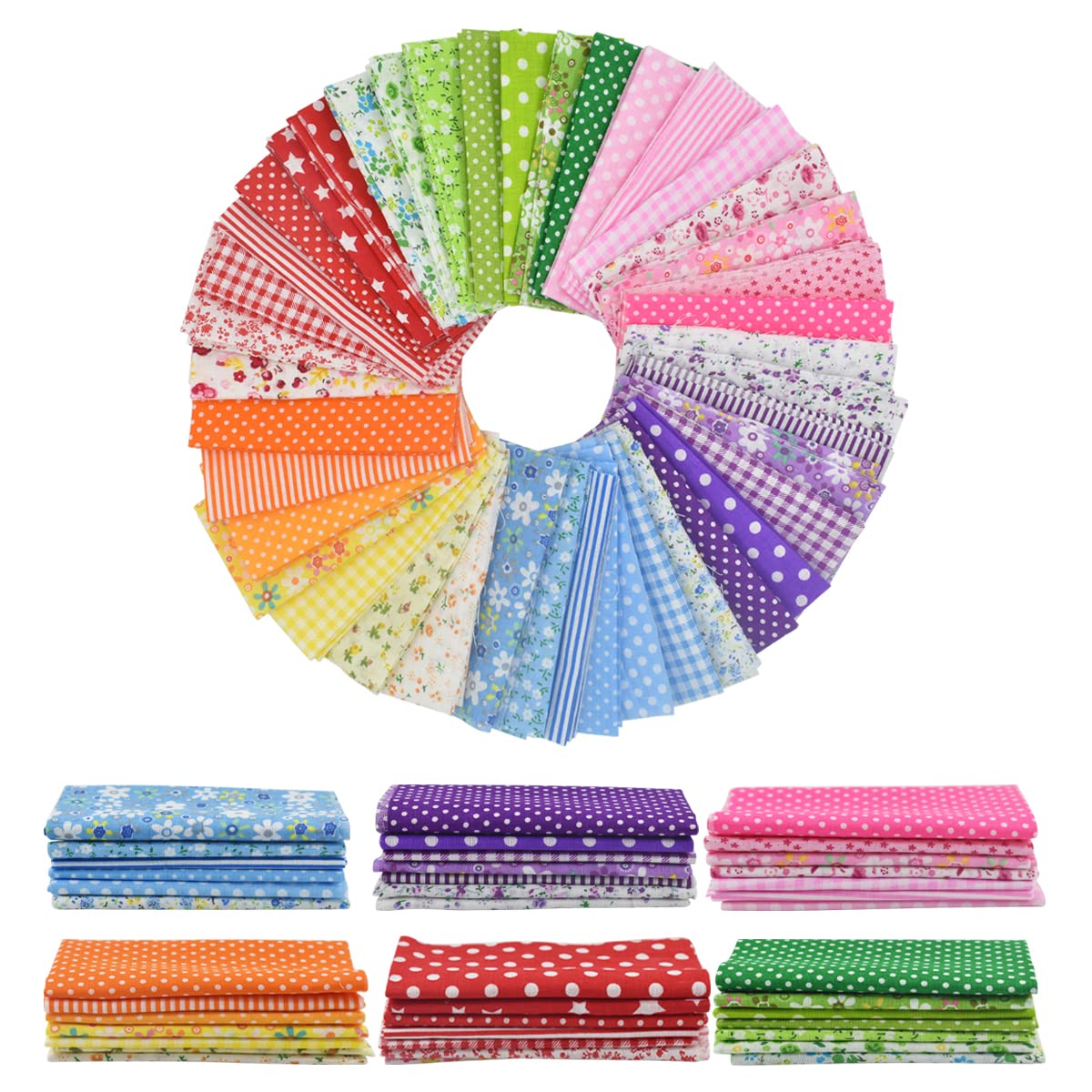 9.8X 9.8 42Pcs Cotton Print Fabric Bundle Squares Pre-Cut Multicolor Design Printed Quilting Sewing Floral for Quilting Patchwork DIY Craft Scrapbooking Cloth (Red/Yellow/Green/Blue/Pink/Purple)