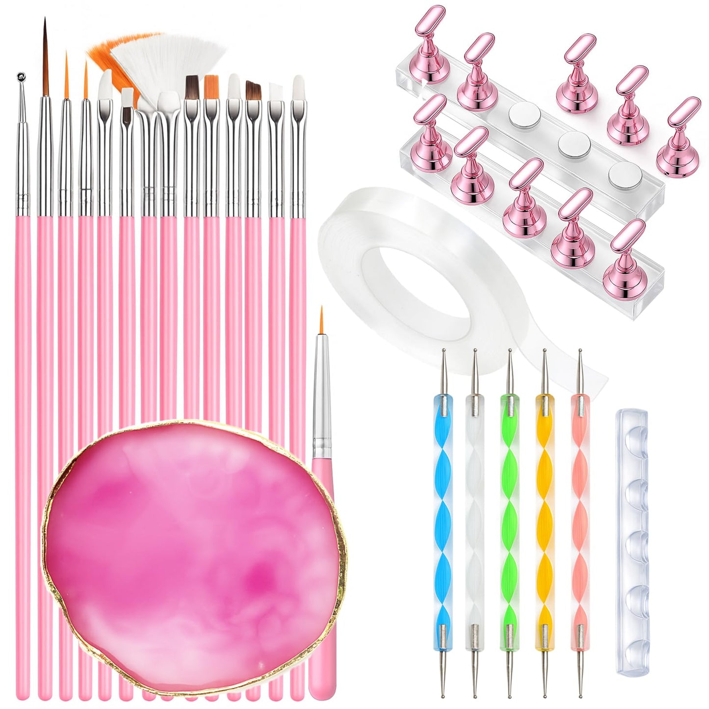 Nail Art Tools Set, 15 Pcs Nail Art Brushes, 5 Double Ended Dotting Pens, Mixing Palette, Nail Brush Holder, 10 Nail Stands & Tape for Press on Holder, Suit for Nail Tech & Beginners