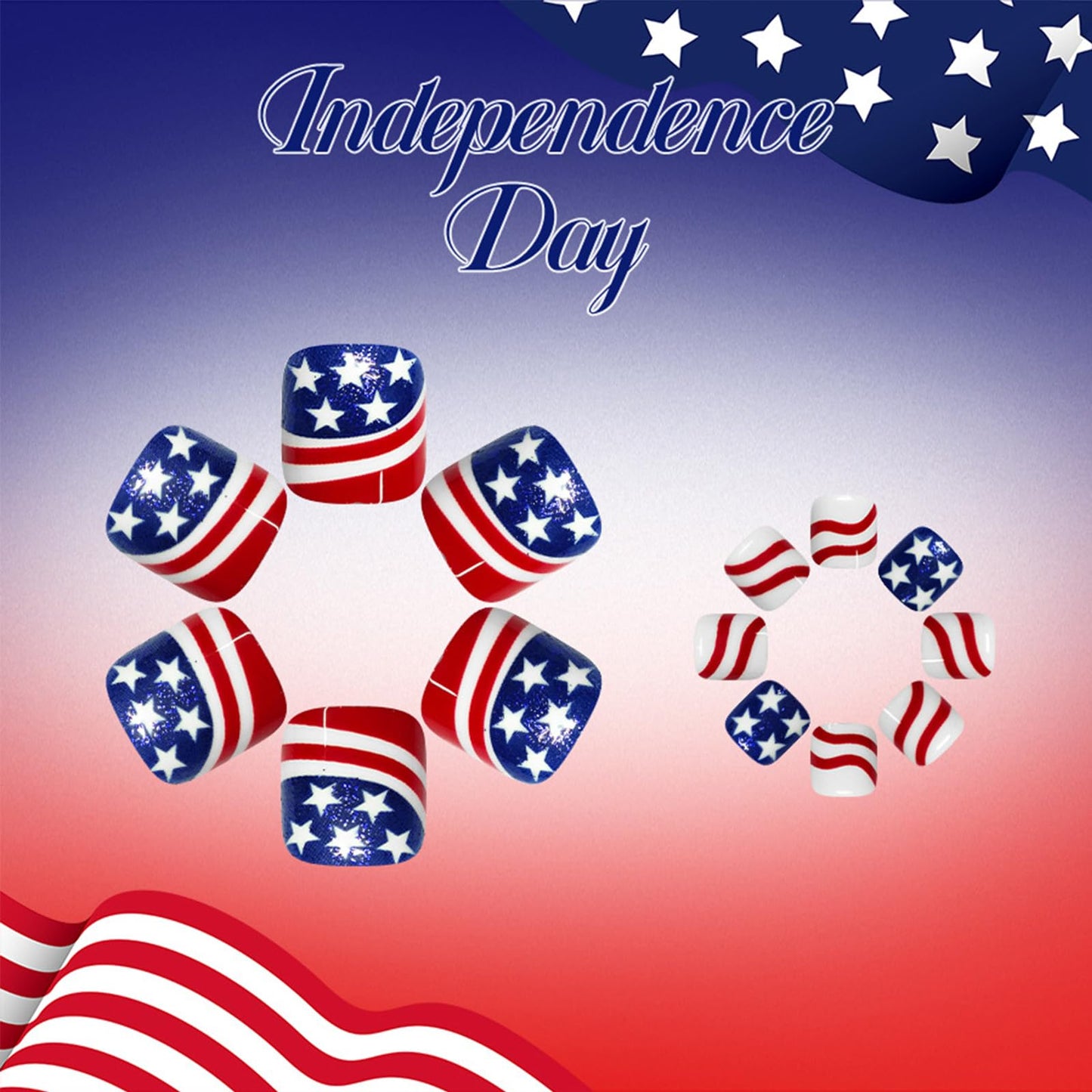 4th of July Press on Toenails Short Square Fake Toe Nails Red White Blue Glossy False Toenails Acrylic Toe Nail Press ons Independence Day Stars Stripes Stick on Nails for Women 24Pcs