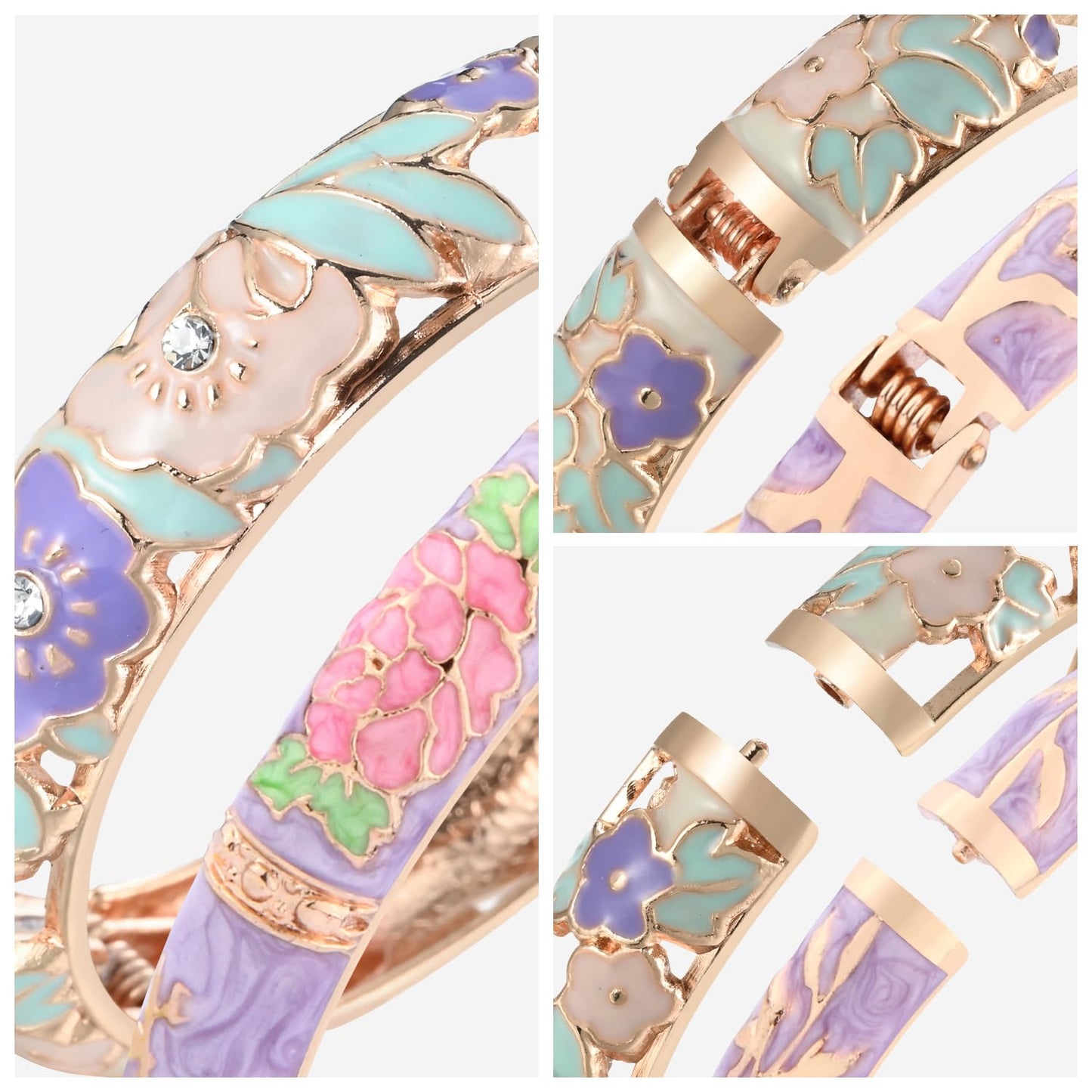 wynameleri Vintage Jewelry Cloisonne Handcrafted Enameled Gorgeous Rhinestone Flower Hinged Cuff Bracelet Bangles Gifts 88A08-55A127 Cream Purple