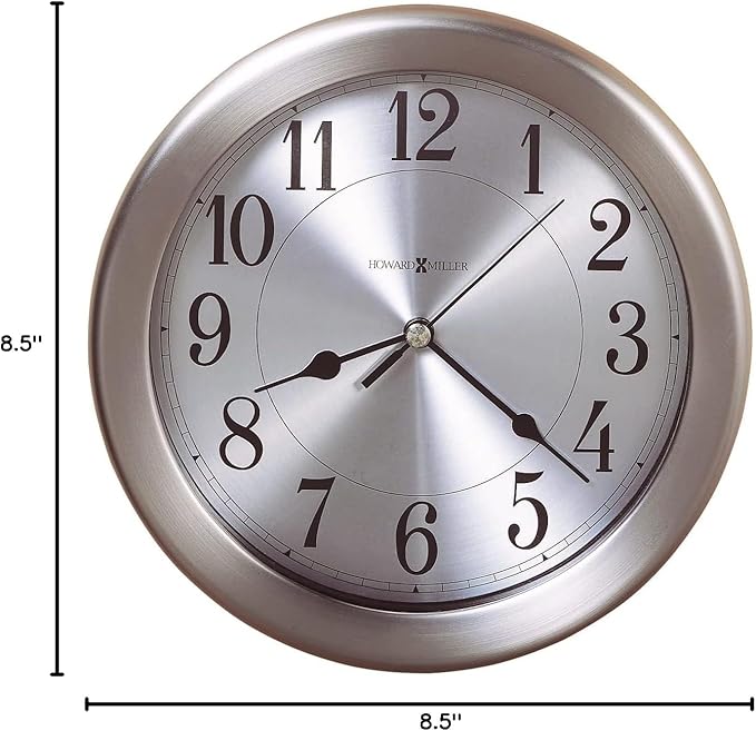 Howard Miller Filer Wall Clock II 549-679 - 8.5-Inch Round Brushed Nickel-Finished Case, Modern Home Decor, Quartz Movement, 3-Point Secure Mount System