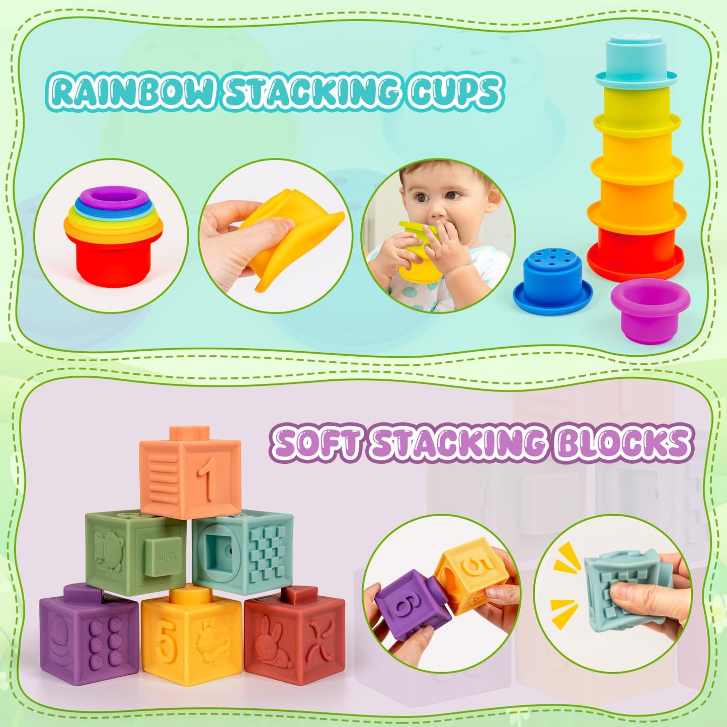 GJOF2YK Montessori Baby Toys for Ages 6–18 Months with Sensory Shape Sorter Matching Game Toy Stacking Ring Soft Building Blocks Developmental Learning Toys for Toddlers 1+ Year Old