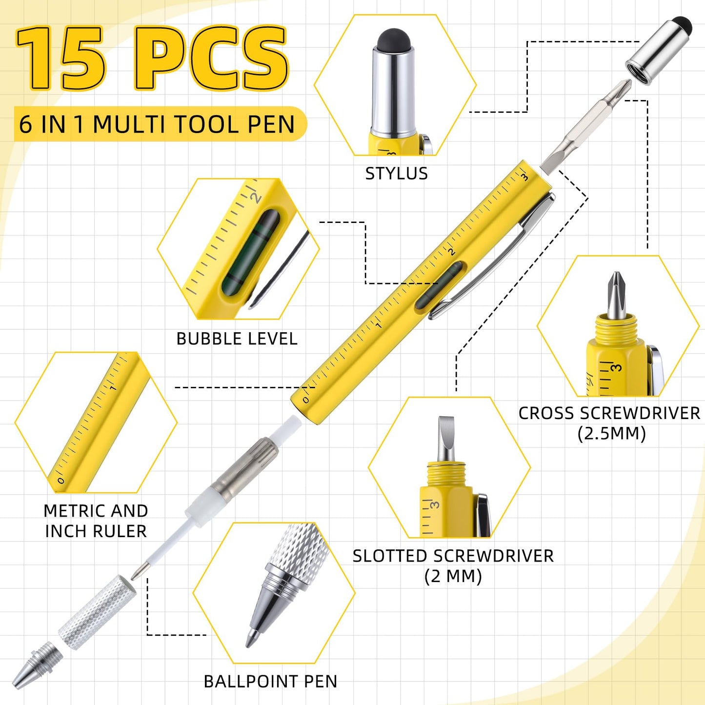 Yeaqee 30 Pcs Multi Tool Gifts For Men 6 In 1 Screwdriver Multi Tool Pens With Stainless Steel Keychain Multi-function Pens Bulk Men Gifts For Dad Husband Father's Day Birthday (Classic Color)