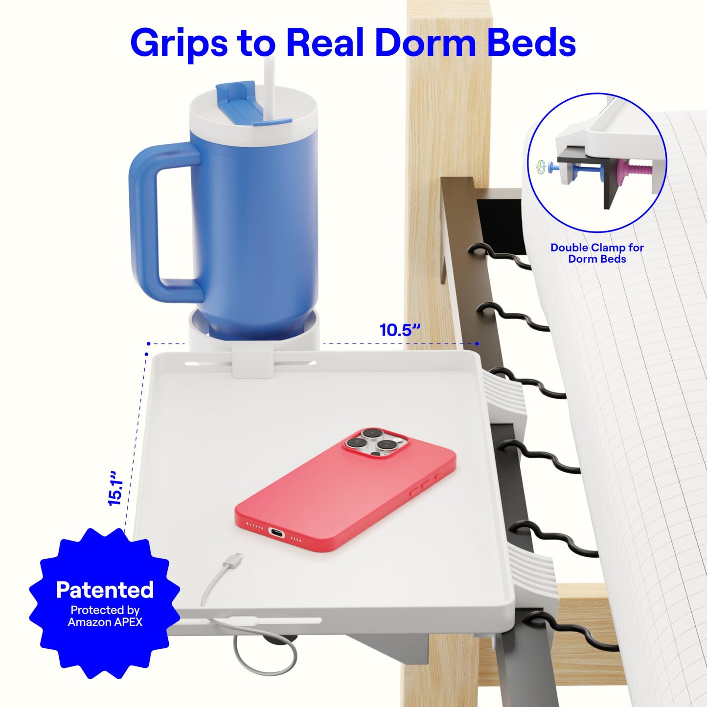 BedShelfie Bedside Shelf for Dorm Room Bunk Bed & Top Bunk, College Dorm Room Essentials, Bedside Caddy, Clip on Floating Tray, Bed Side Table Storage, Loft Nightstand Decor - Dorm Essential, White