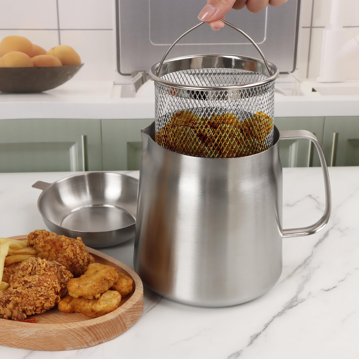 50oz 304 Stainless Steel Oil Filter Pot, Heavy Duty Bacon Grease Container & Deep Fryer Basket, Large Capacity Multi-function Oil Filter Vessel with Strainer for Kitchen Storing Frying Cooking Grease
