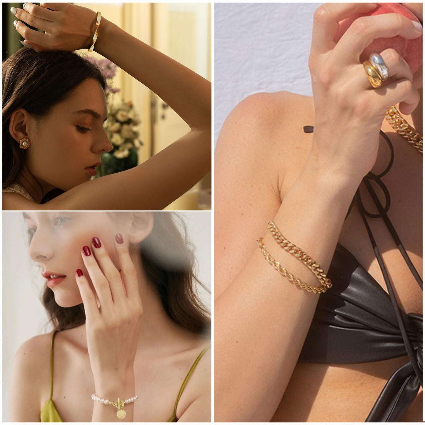 IFKM 6 Pack (27 Pcs) 14K Gold Plated Stackable Open Cuff Bangle Chain Bracelets Set for Women