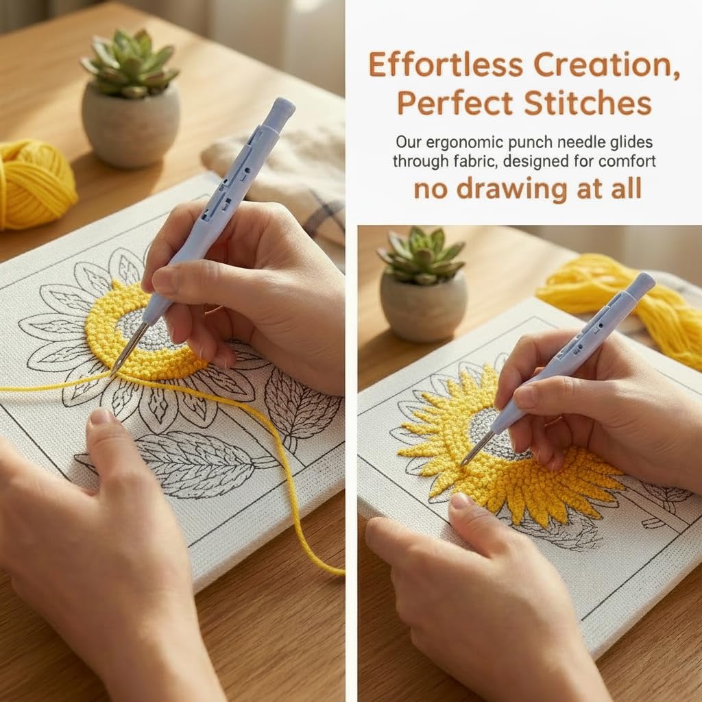 Raysqyk DIY Punch Needle Kit for Beginners - Adorable Dog with Glasses & Striped Collar | Soft Yarn Embroidery Set with Pre-Printed Fabric, Hoop & Tools | Stress-Relief Craft for Home Decor