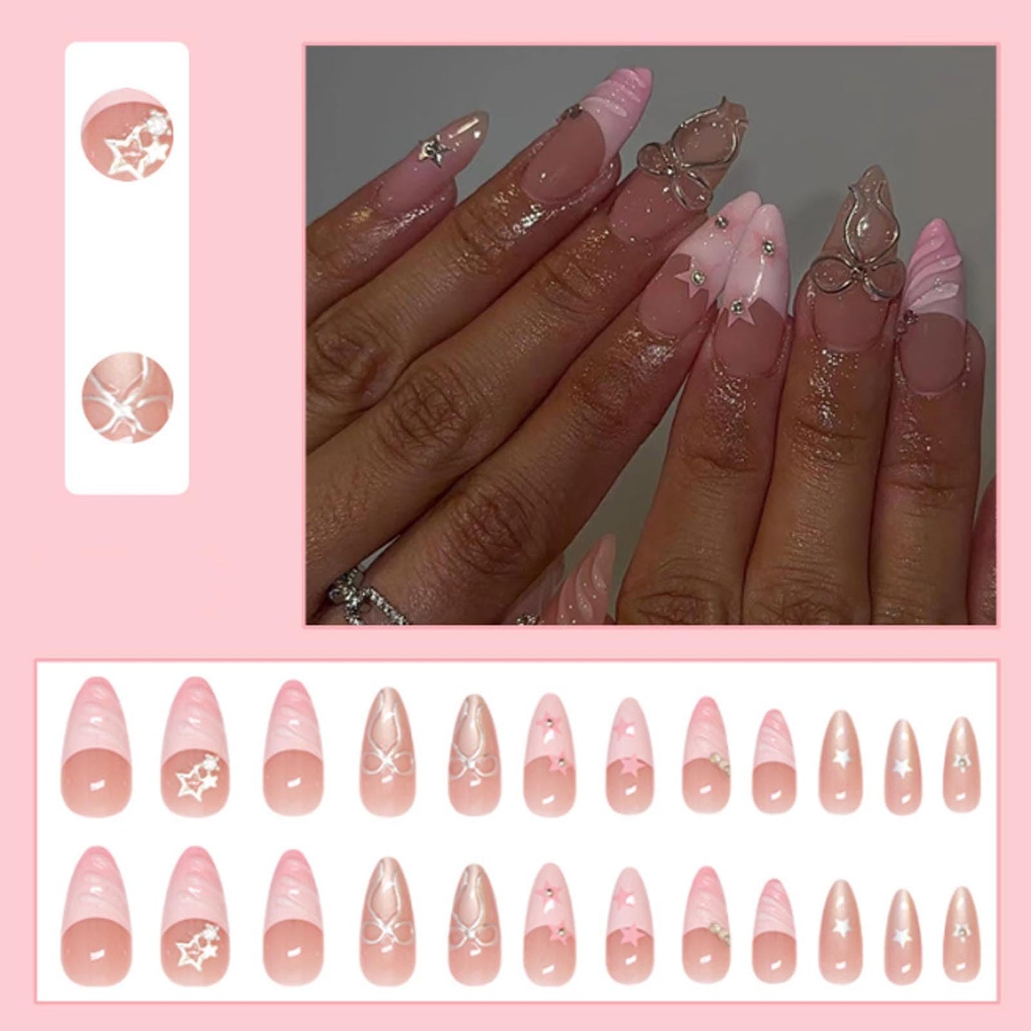 Hkanlre Almond Fake Nude Nails Tips Full Cover False Medium Nails Summer Flower Press on Nails for Women 24PCS