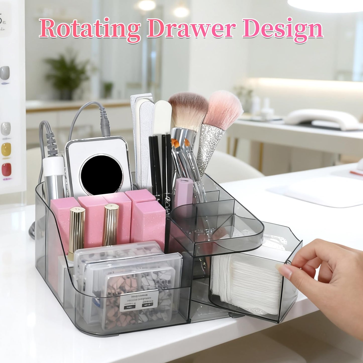 BQAN Transparent Acrylic Nail Desk Organizer with Spinning Drawer, Drill & Brush Holder, Desktop Manicure Tool Storage for Nail Techs, Makeup, Skin Care (Black) - Professional Salon or Home Use