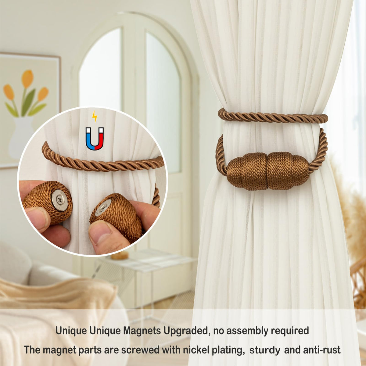 Magnetic Curtain Tiebacks Rope Curtain Tie Backs for Curtains 4 Pack Curtain Holders for Drapes Decorative Window Curtain Holdbacks
