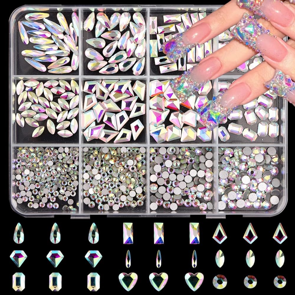 Laser Silver Nail Gems AB Crystal White Nail Charms Flatback Nail Jewels 3D Multi Shape Size Stones Diamonds Nail Rhinestones Clear Iridescent Beads Gems for Nails Faces Eyes Makeup Crafts 12Grid