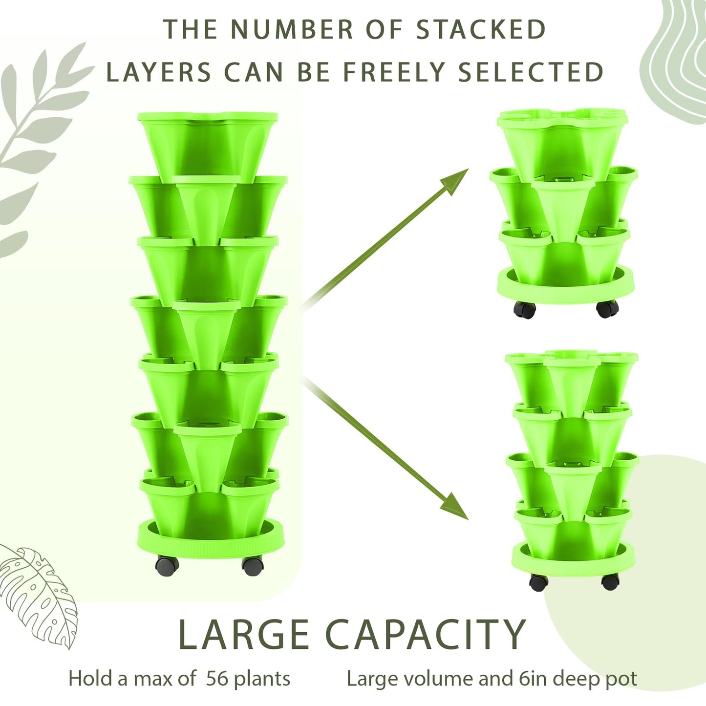 Umigy 2 Set of 7 Tier Vertical Planter Stackable Tower Planters Strawberry Herb Flower and Vegetable Pots Indoor Outdoor Gardening Pots with Removable Wheels and Tools(Light Green)