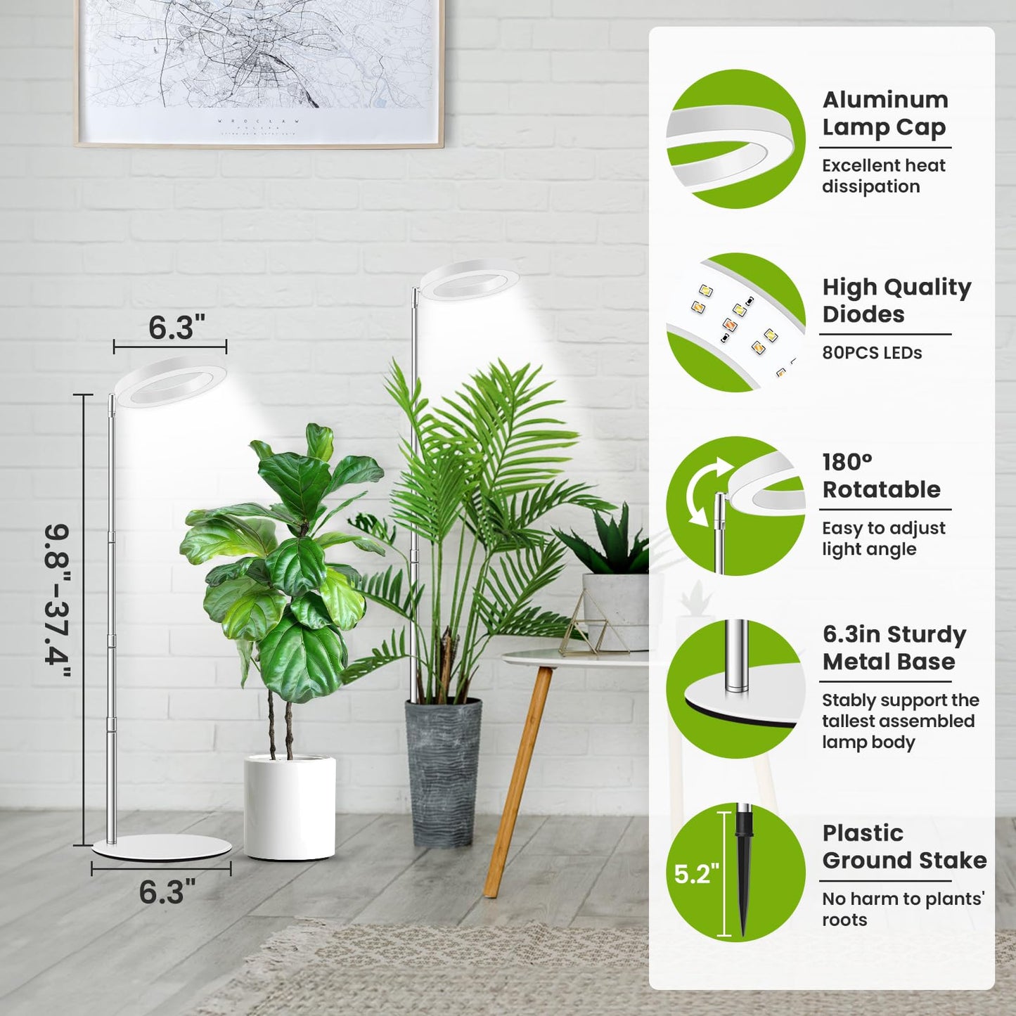Kullsinss Grow Lights for Indoor Plants, 80 LEDs Full Spectrum Plant Lights for Indoor Growing with 2 Mounting Options, 6/12/16H Timer, 3 Spectrum Modes, 9.8"-37" Height Adjustable Grow Lamp, 2 Pack