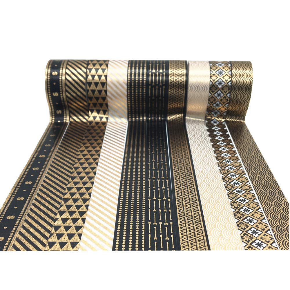 VIVIQUEN Gold Washi Tape Set 15MM Foil Skinny Masking Tape Decorative Pack for DIY Scrapbooking, Crafts, Gift Wrapping, Holiday Decoration (Black Basic Pattern 10 Rolls)