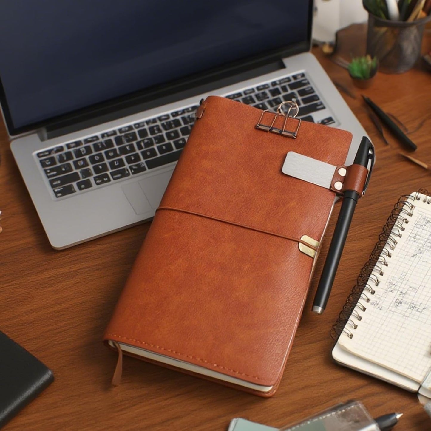 Refillable Journal Travelers Notebook - 7.8 x 4.7 Travel Diary made of PU leather, with 5 Inserts, add 2 Pens and pen Holder and Binder Clip and Transparent Card insertion bag with storage case (2 sets)