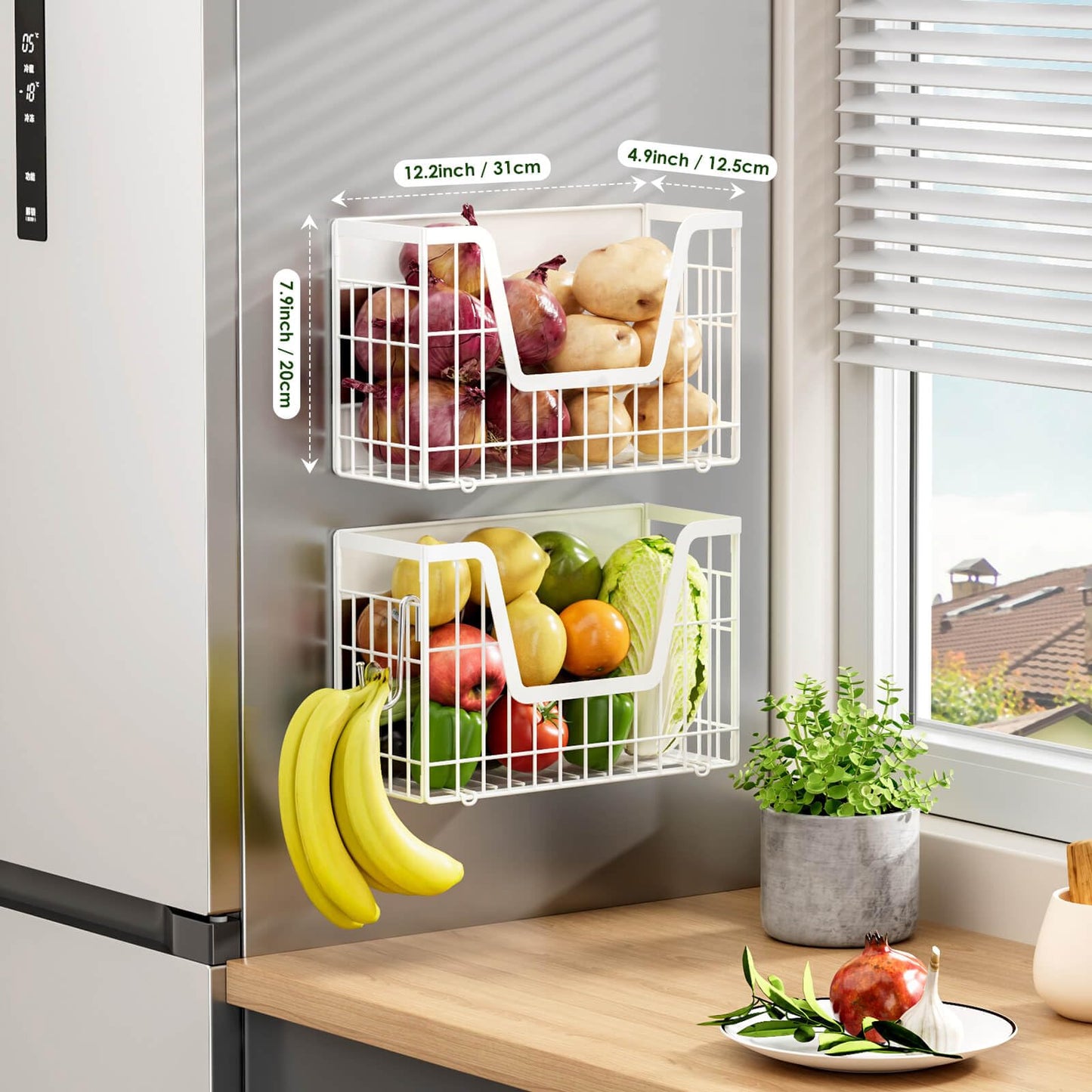 YIWANFW 2 Set Magnetic Fridge Shelf, White Magnetic Fruit Basket for Refrigerator Organizer Storage, Potato and Onion Storage Bins, Wire Baskets Magnet Rack for Laundry Washing Machine Kitchen Shelves