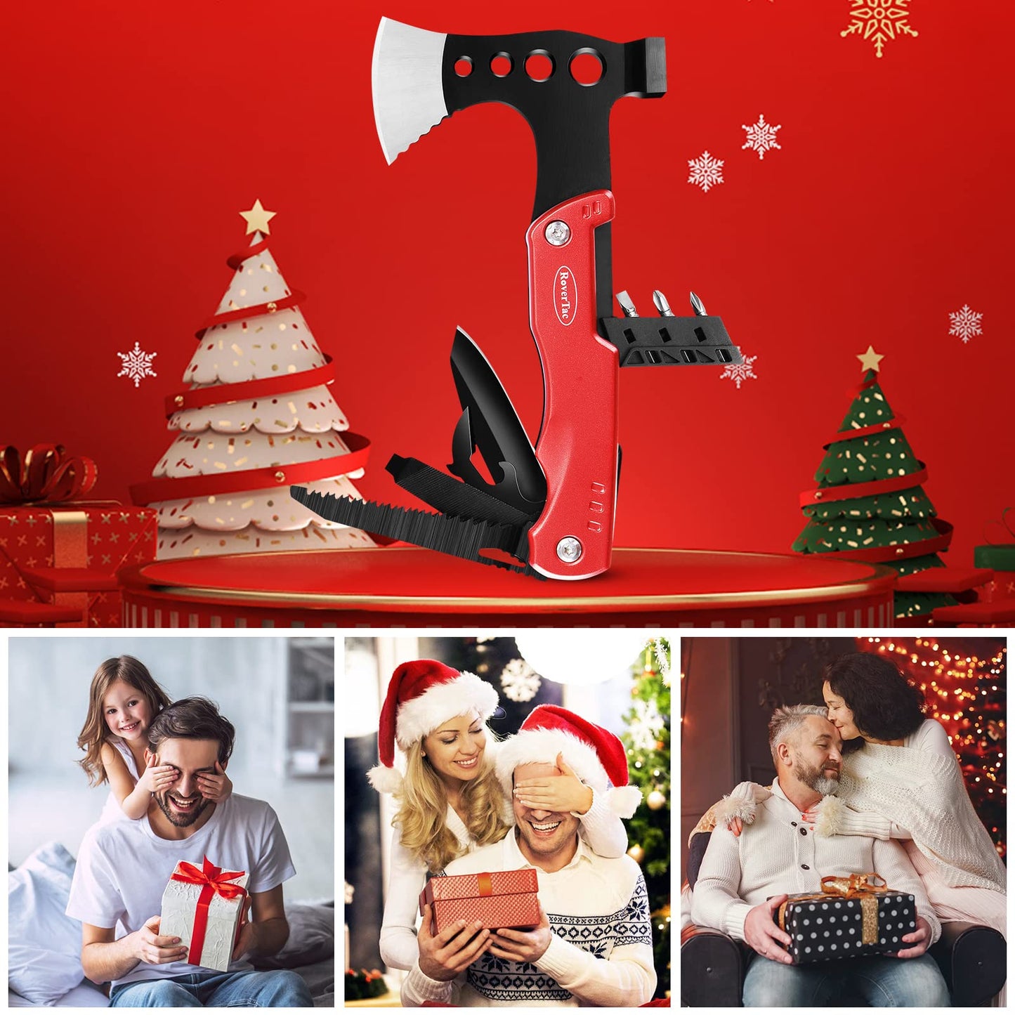 RoverTac 11-in-1 Multitool Axe Hatchet – Camping Gear with Knife, Hammer, Saw, Bottle Opener, Screwdrivers – Survival Tool with Nylon Sheath – Perfect Gifts for Men, Camping, Hiking, and Survival.