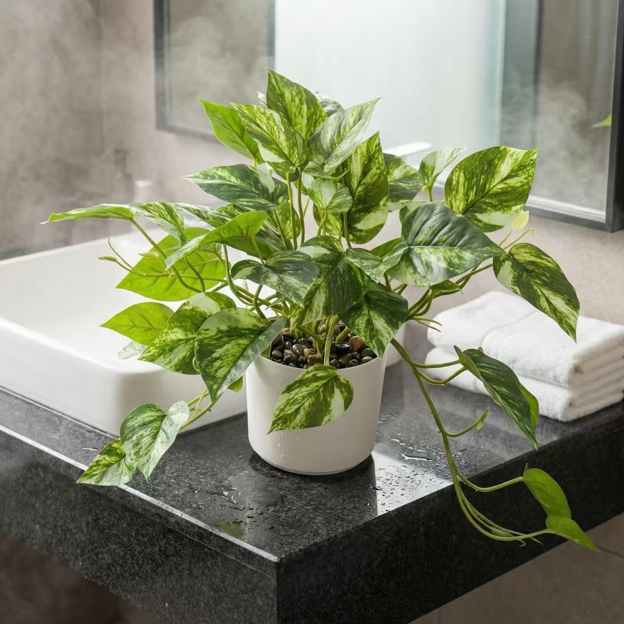 TentoWhan Artificial Plants Faux Pothos with Plastic White Pot Artificial Potted Plant for Home Office Bedroom Indoor Outdoor Decor 1 Pack(Light Green)