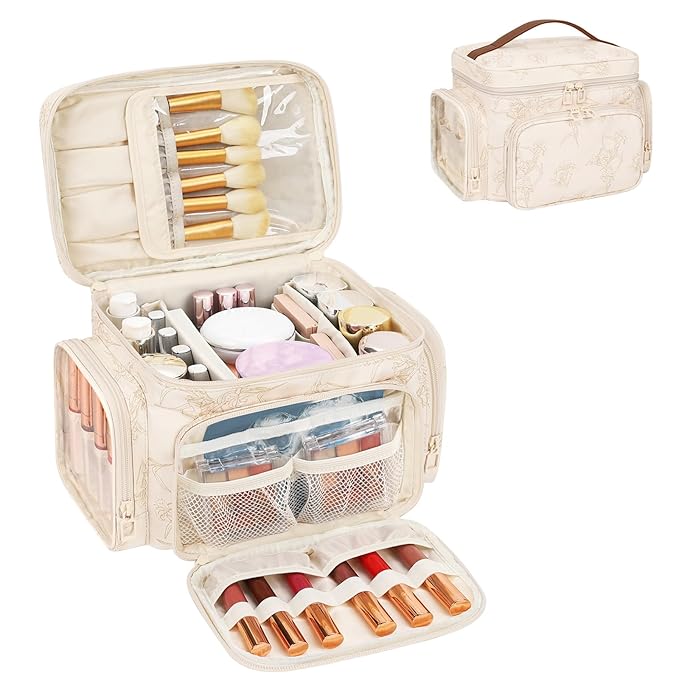 Large Makeup Bag, Portable Travel Makeup Bag Organizer for Women Girls with Makeup Brush Compartment & Two Side Pockets, Cosmetic Travel Bag Vertical Storage Toiletry - Beige