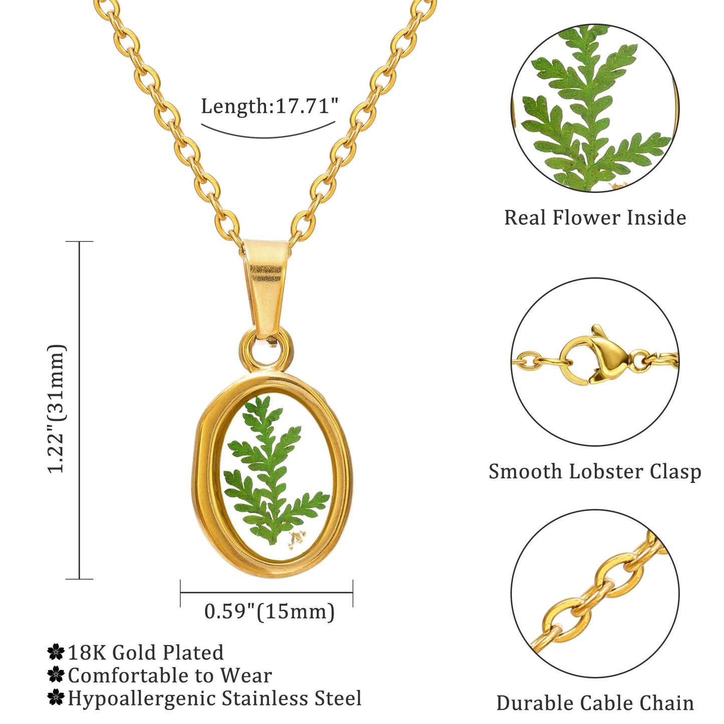 LETFLY Birth Flower Necklaces for Women, 18K Gold Plated Oval Shaped Handmade Floral Pendant, Pressed Flower Necklace Jewelry Gifts Courage
