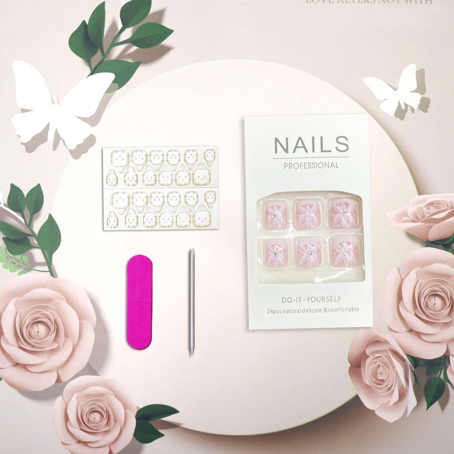 Summer Flower Press on Toenails Rhinestones False Toenails White French Tip Toe Nails Reusable Full Cover Toe Nails for Women