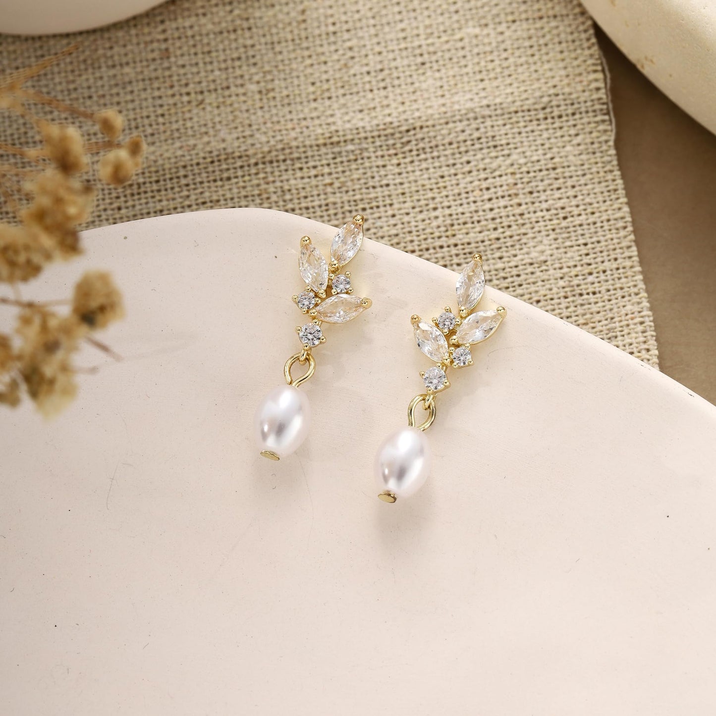 Solistra Pearl Earrings for Women Dainty Diamond Pearl Drop Dangle Earrings 14k Gold Plated for Weddings Bridesmaid Gifts