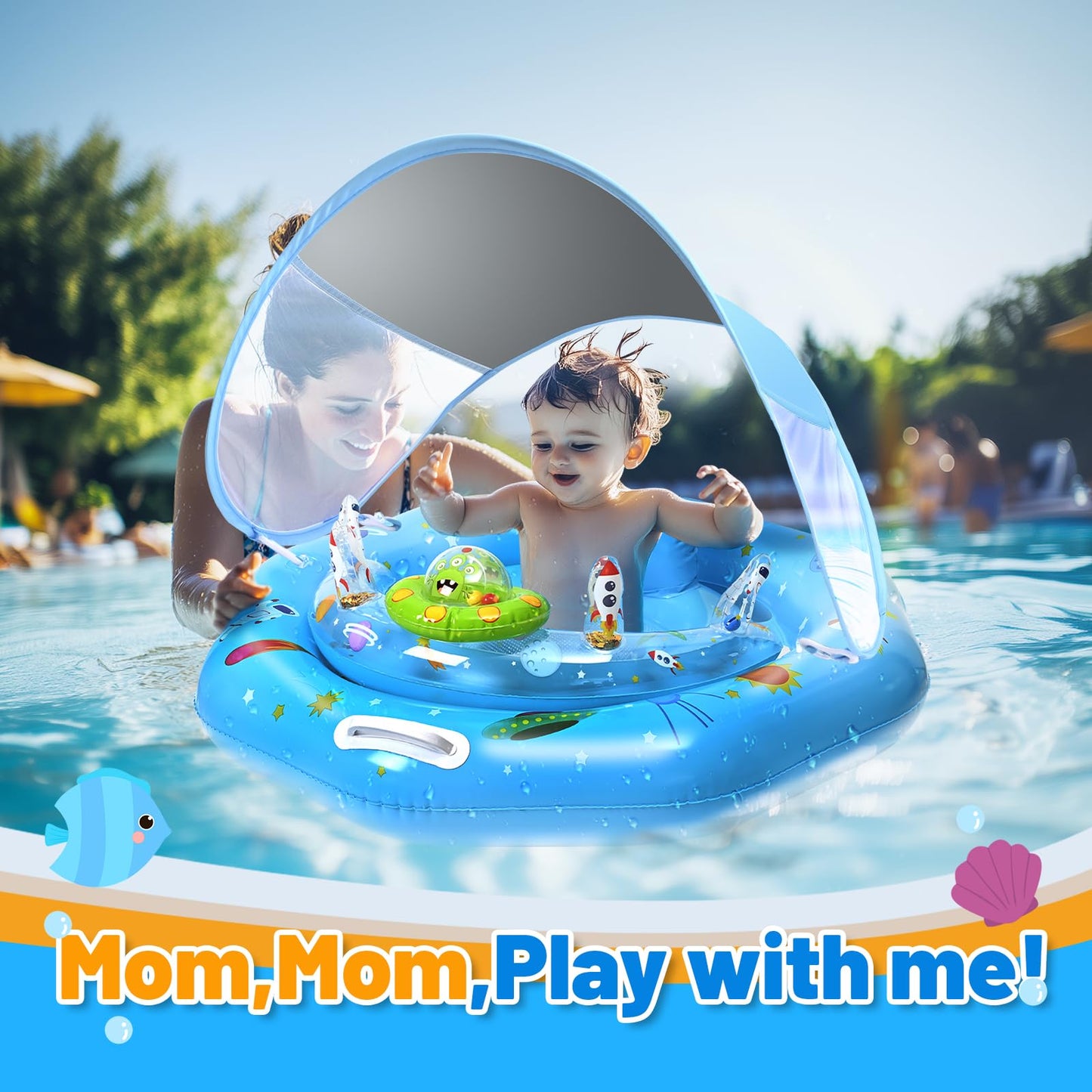 Baby Pool Float with Canopy, Inflatable Baby Swim Float with UPF50+ Sun Protection, Infant Pool Float with Toy Play Console,Safety Handles & Leashes,Adjustable Safety Seat For Toddler Aged 6-36 Months